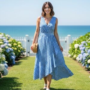 J. Crew Blue Gingham Plaid Ruffled Faux Wrap Sleeveless Cotton Midi Dress